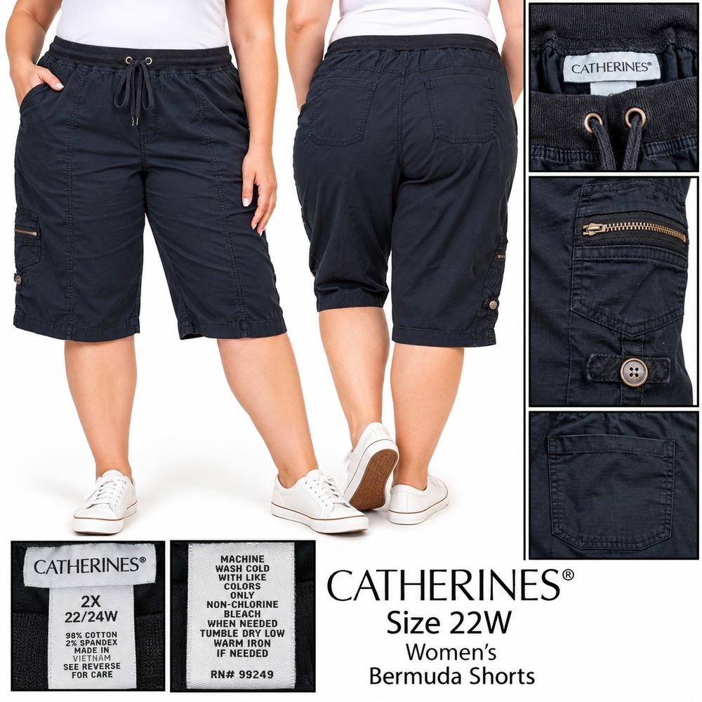 Catherines Womens Plus Size 22W 2X Black Bermuda Cargo Shorts Ripstop Elastic